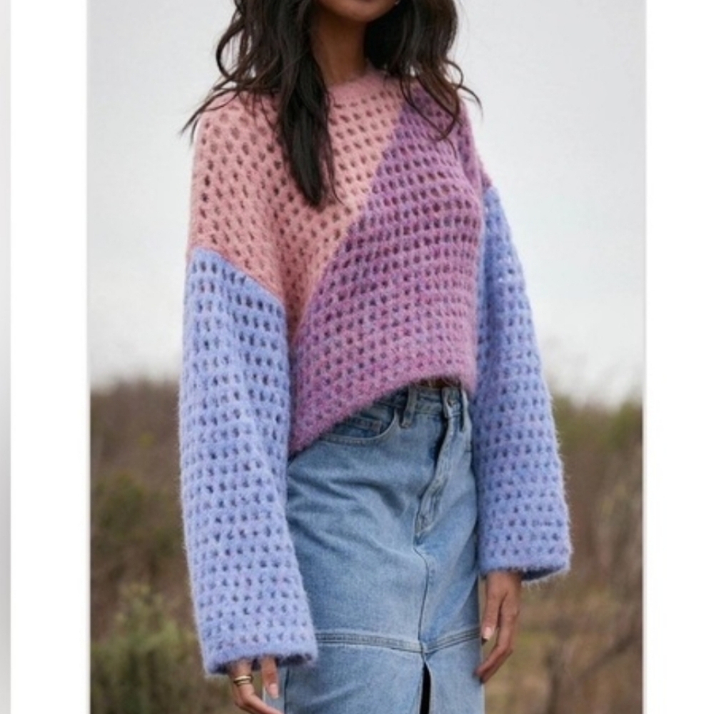 Saltwater Luxe Kourt Colorblock Ooen Weave Crop Sweater Size S Wool Blend Spring - Picture 12 of 12